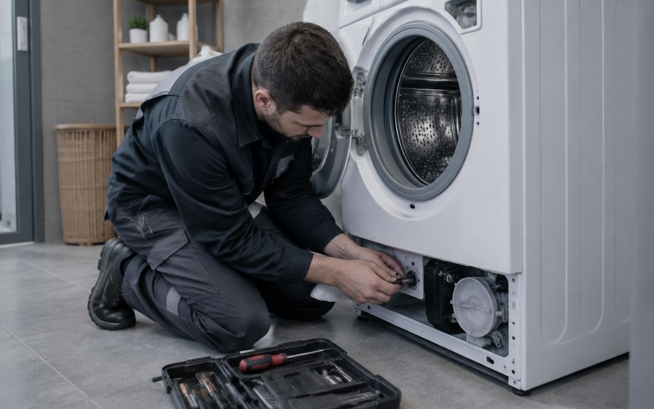 Técnico da Consermaq realizando manutenção em uma máquina de lavar